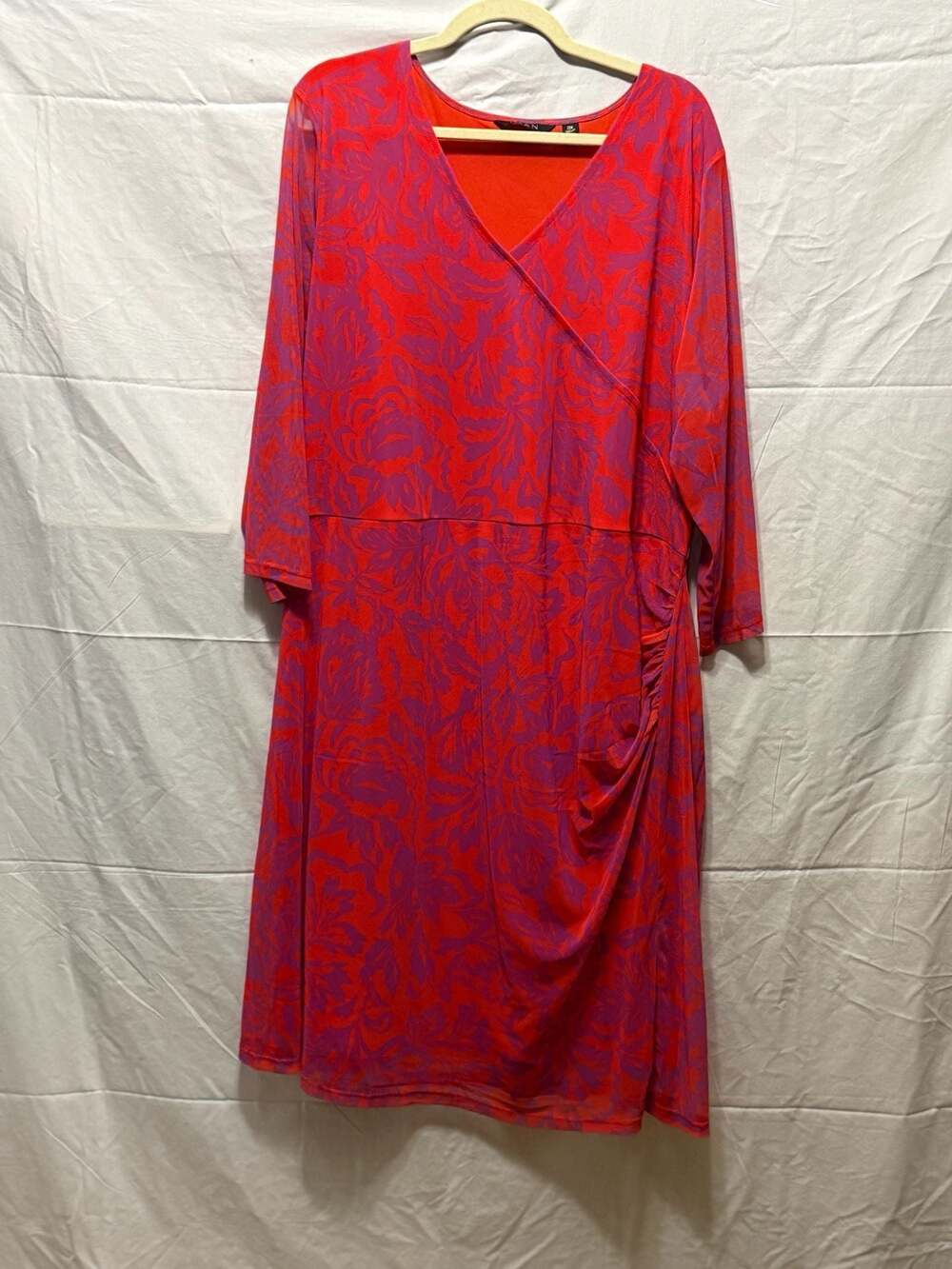 IMAN Global Chic Printed Mesh Dress w/ Front Seam Ruching Red/Purple